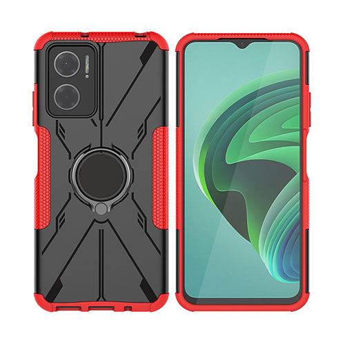 Silicone Matte Finish and Plastic Back Cover Case with Magnetic Finger Ring Stand JX2 for Xiaomi Redmi 11 Prime 5G Red