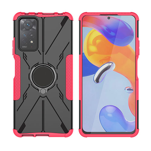 Silicone Matte Finish and Plastic Back Cover Case with Magnetic Finger Ring Stand JX2 for Xiaomi Redmi Note 11 Pro 4G Red