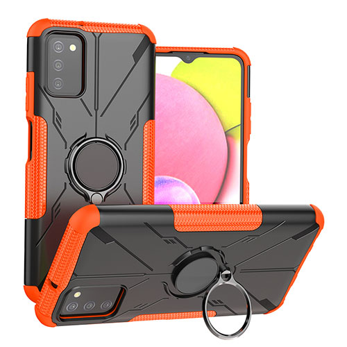 Silicone Matte Finish and Plastic Back Cover Case with Magnetic Finger Ring Stand JX3 for Samsung Galaxy A03s Orange