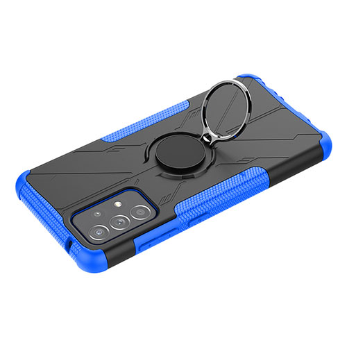 Silicone Matte Finish and Plastic Back Cover Case with Magnetic Finger Ring Stand JX3 for Samsung Galaxy A52 4G Blue