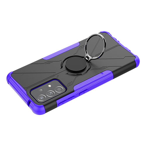 Silicone Matte Finish and Plastic Back Cover Case with Magnetic Finger Ring Stand JX3 for Samsung Galaxy A52 4G Purple