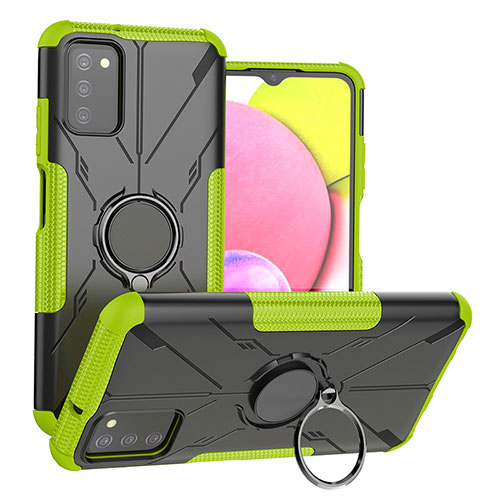 Silicone Matte Finish and Plastic Back Cover Case with Magnetic Finger Ring Stand JX3 for Samsung Galaxy M02s Green