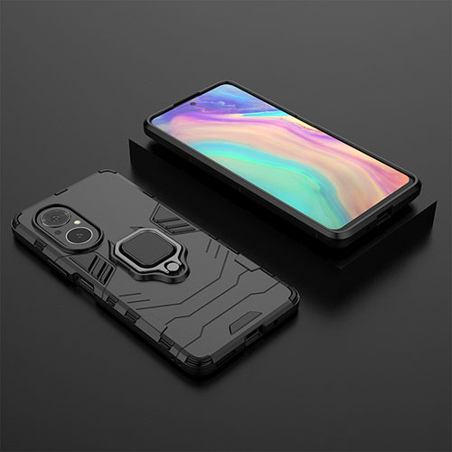 Silicone Matte Finish and Plastic Back Cover Case with Magnetic Finger Ring Stand KC1 for Huawei Honor 50 SE 5G Black