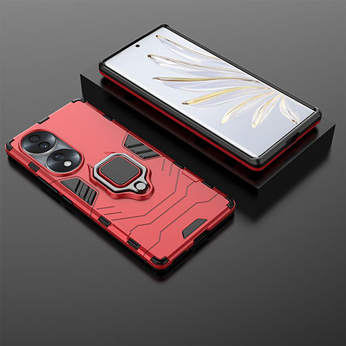 Silicone Matte Finish and Plastic Back Cover Case with Magnetic Finger Ring Stand KC1 for Huawei Honor 70 5G Red