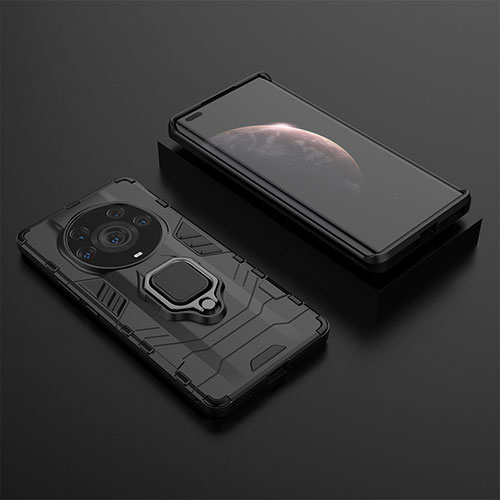 Silicone Matte Finish and Plastic Back Cover Case with Magnetic Finger Ring Stand KC1 for Huawei Honor Magic3 Pro+ Plus 5G Black