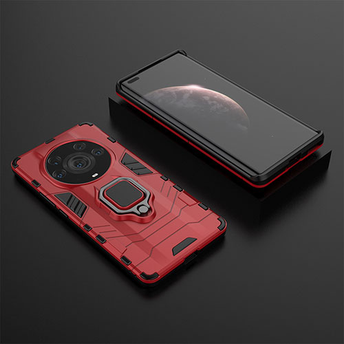 Silicone Matte Finish and Plastic Back Cover Case with Magnetic Finger Ring Stand KC1 for Huawei Honor Magic3 Pro+ Plus 5G Red