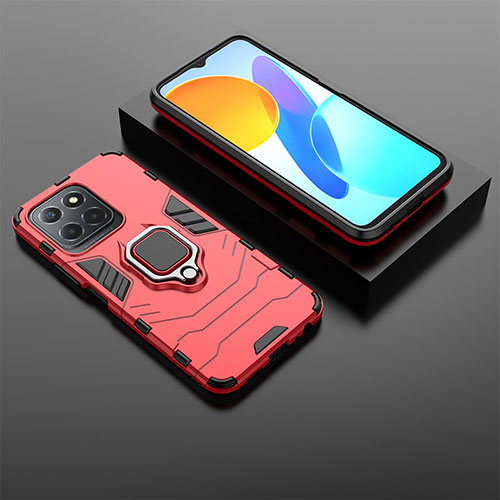 Silicone Matte Finish and Plastic Back Cover Case with Magnetic Finger Ring Stand KC1 for Huawei Honor X8a 5G Red