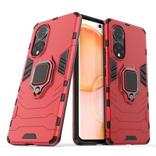 Silicone Matte Finish and Plastic Back Cover Case with Magnetic Finger Ring Stand KC1 for Huawei Nova 9 Red