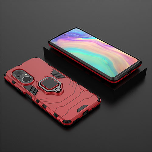 Silicone Matte Finish and Plastic Back Cover Case with Magnetic Finger Ring Stand KC1 for Huawei Nova 9 SE Red