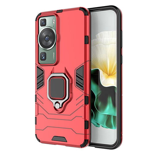 Silicone Matte Finish and Plastic Back Cover Case with Magnetic Finger Ring Stand KC1 for Huawei P60 Pro Red