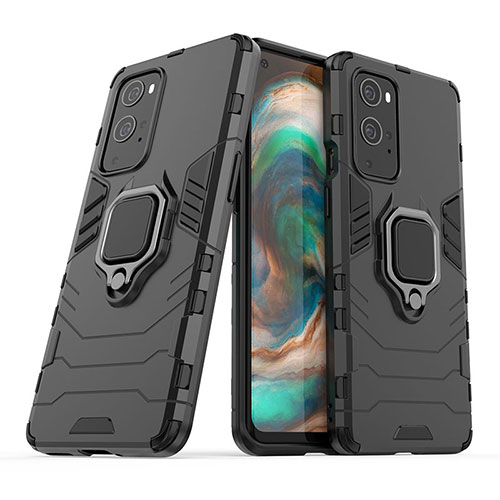 Silicone Matte Finish and Plastic Back Cover Case with Magnetic Finger Ring Stand KC1 for OnePlus 9 Pro 5G Black