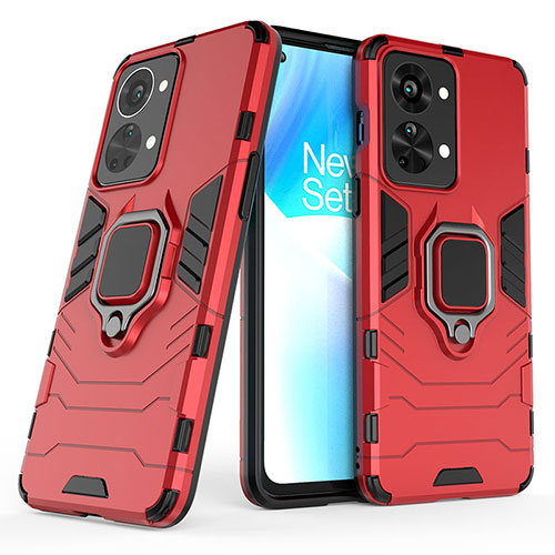 Silicone Matte Finish and Plastic Back Cover Case with Magnetic Finger Ring Stand KC1 for OnePlus Nord 2T 5G Red