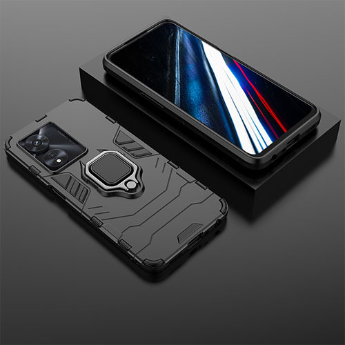 Silicone Matte Finish and Plastic Back Cover Case with Magnetic Finger Ring Stand KC1 for Oppo A18 Black