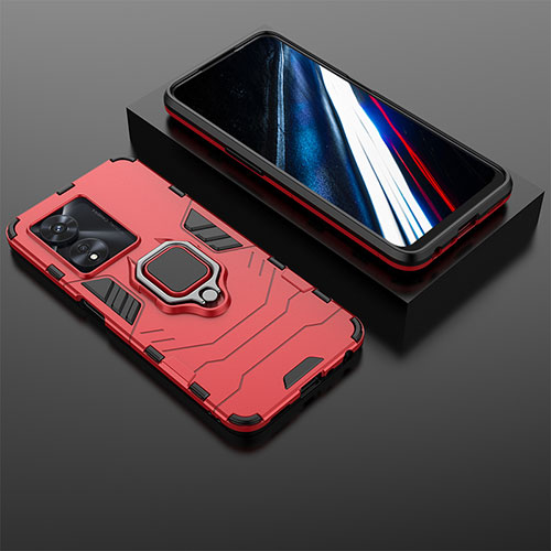 Silicone Matte Finish and Plastic Back Cover Case with Magnetic Finger Ring Stand KC1 for Oppo A18 Red