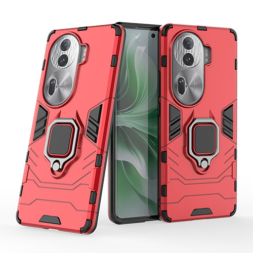 Silicone Matte Finish and Plastic Back Cover Case with Magnetic Finger Ring Stand KC1 for Oppo Reno11 Pro 5G Red