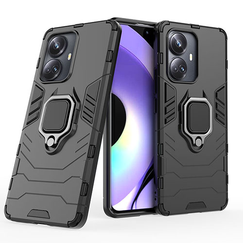 Silicone Matte Finish and Plastic Back Cover Case with Magnetic Finger Ring Stand KC1 for Realme 10 Pro+ Plus 5G Black