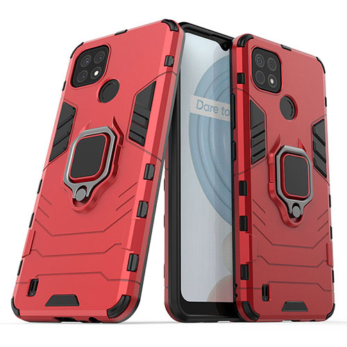 Silicone Matte Finish and Plastic Back Cover Case with Magnetic Finger Ring Stand KC1 for Realme C21 Red