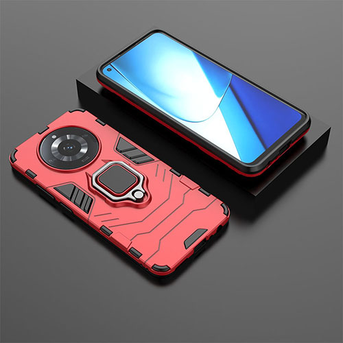 Silicone Matte Finish and Plastic Back Cover Case with Magnetic Finger Ring Stand KC1 for Realme Narzo 60 5G Red