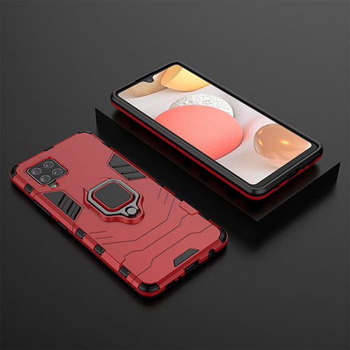 Silicone Matte Finish and Plastic Back Cover Case with Magnetic Finger Ring Stand KC1 for Samsung Galaxy A42 5G Red