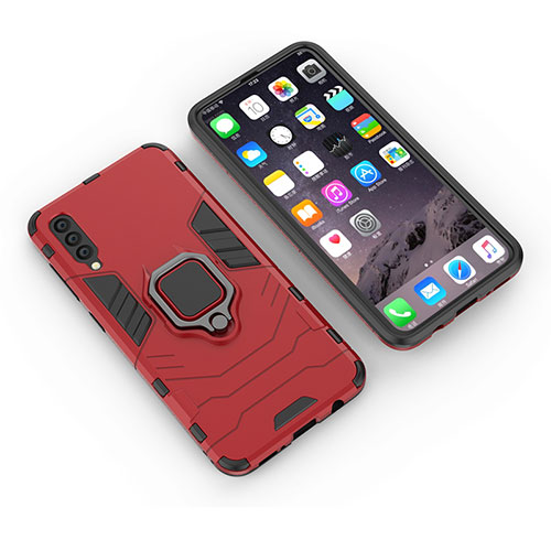 Silicone Matte Finish and Plastic Back Cover Case with Magnetic Finger Ring Stand KC1 for Samsung Galaxy A50S Red