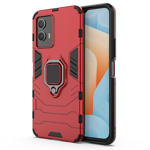 Silicone Matte Finish and Plastic Back Cover Case with Magnetic Finger Ring Stand KC1 for Vivo iQOO U5 5G Red