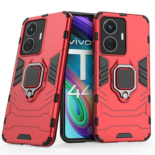 Silicone Matte Finish and Plastic Back Cover Case with Magnetic Finger Ring Stand KC1 for Vivo T1 4G Red