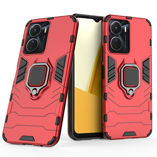 Silicone Matte Finish and Plastic Back Cover Case with Magnetic Finger Ring Stand KC1 for Vivo Y16 Red