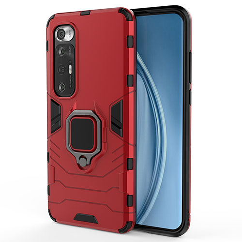 Silicone Matte Finish and Plastic Back Cover Case with Magnetic Finger Ring Stand KC1 for Xiaomi Mi 10S 5G Red