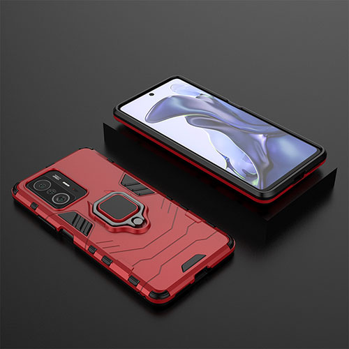 Silicone Matte Finish and Plastic Back Cover Case with Magnetic Finger Ring Stand KC1 for Xiaomi Mi 11T Pro 5G Red