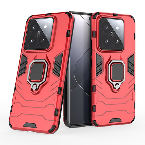 Silicone Matte Finish and Plastic Back Cover Case with Magnetic Finger Ring Stand KC1 for Xiaomi Mi 14 Pro 5G Red