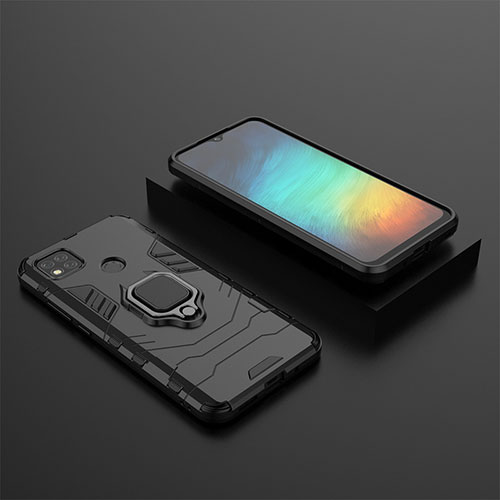 Silicone Matte Finish and Plastic Back Cover Case with Magnetic Finger Ring Stand KC1 for Xiaomi POCO C3 Black