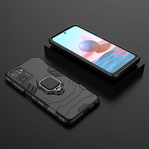 Silicone Matte Finish and Plastic Back Cover Case with Magnetic Finger Ring Stand KC1 for Xiaomi Poco M5S Black