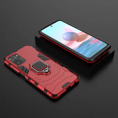 Silicone Matte Finish and Plastic Back Cover Case with Magnetic Finger Ring Stand KC1 for Xiaomi Poco M5S Red