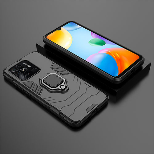 Silicone Matte Finish and Plastic Back Cover Case with Magnetic Finger Ring Stand KC1 for Xiaomi Redmi 10 India Black