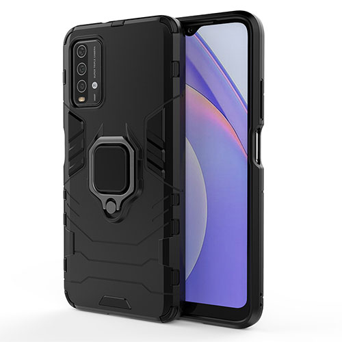 Silicone Matte Finish and Plastic Back Cover Case with Magnetic Finger Ring Stand KC1 for Xiaomi Redmi 9 Power Black