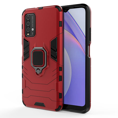 Silicone Matte Finish and Plastic Back Cover Case with Magnetic Finger Ring Stand KC1 for Xiaomi Redmi 9T 4G Red