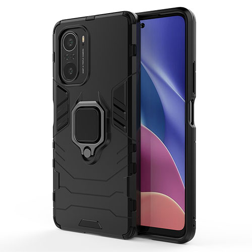 Silicone Matte Finish and Plastic Back Cover Case with Magnetic Finger Ring Stand KC1 for Xiaomi Redmi K40 Pro 5G Black