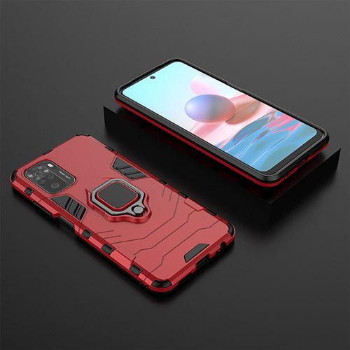 Silicone Matte Finish and Plastic Back Cover Case with Magnetic Finger Ring Stand KC1 for Xiaomi Redmi Note 10 4G Red