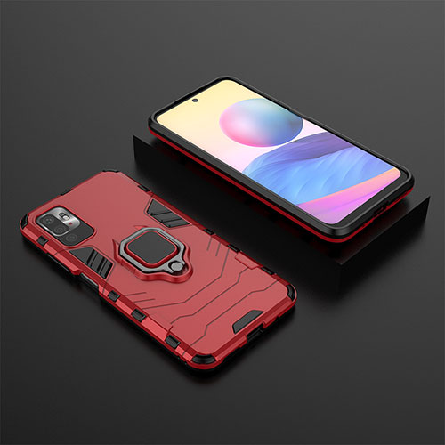 Silicone Matte Finish and Plastic Back Cover Case with Magnetic Finger Ring Stand KC1 for Xiaomi Redmi Note 10 5G Red