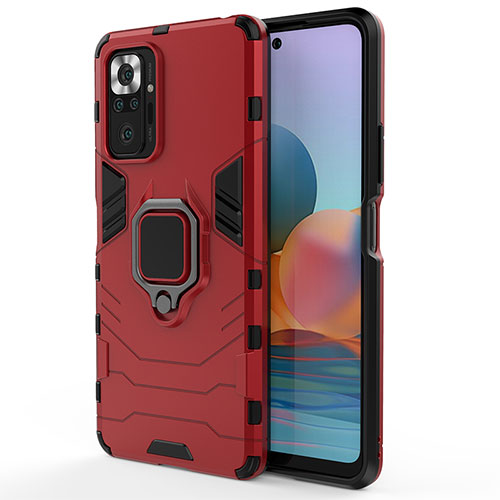 Silicone Matte Finish and Plastic Back Cover Case with Magnetic Finger Ring Stand KC1 for Xiaomi Redmi Note 10 Pro Max Red