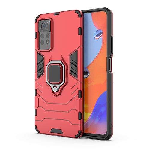 Silicone Matte Finish and Plastic Back Cover Case with Magnetic Finger Ring Stand KC1 for Xiaomi Redmi Note 11 Pro 4G Red