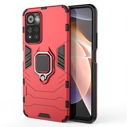 Silicone Matte Finish and Plastic Back Cover Case with Magnetic Finger Ring Stand KC1 for Xiaomi Redmi Note 11 Pro+ Plus 5G Red