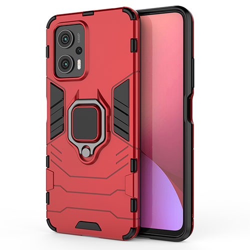 Silicone Matte Finish and Plastic Back Cover Case with Magnetic Finger Ring Stand KC1 for Xiaomi Redmi Note 11T Pro+ Plus 5G Red