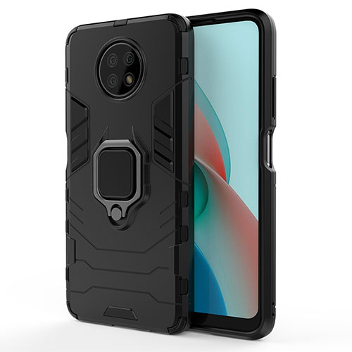 Silicone Matte Finish and Plastic Back Cover Case with Magnetic Finger Ring Stand KC1 for Xiaomi Redmi Note 9 5G Black