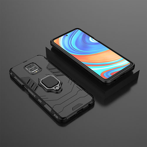 Silicone Matte Finish and Plastic Back Cover Case with Magnetic Finger Ring Stand KC1 for Xiaomi Redmi Note 9 Pro Black