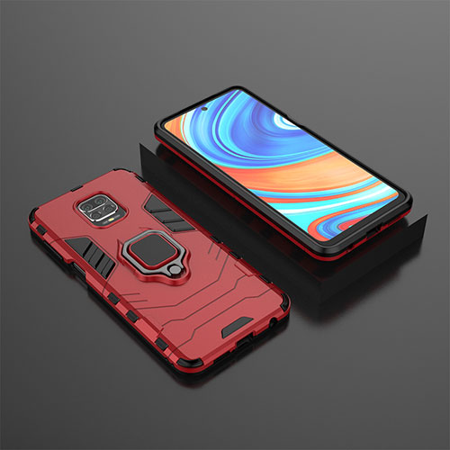 Silicone Matte Finish and Plastic Back Cover Case with Magnetic Finger Ring Stand KC1 for Xiaomi Redmi Note 9S Red