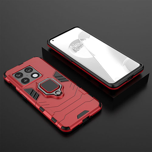 Silicone Matte Finish and Plastic Back Cover Case with Magnetic Finger Ring Stand KC2 for OnePlus 10 Pro 5G Red