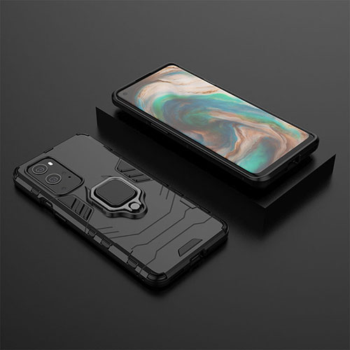 Silicone Matte Finish and Plastic Back Cover Case with Magnetic Finger Ring Stand KC2 for OnePlus 9 Pro 5G Black