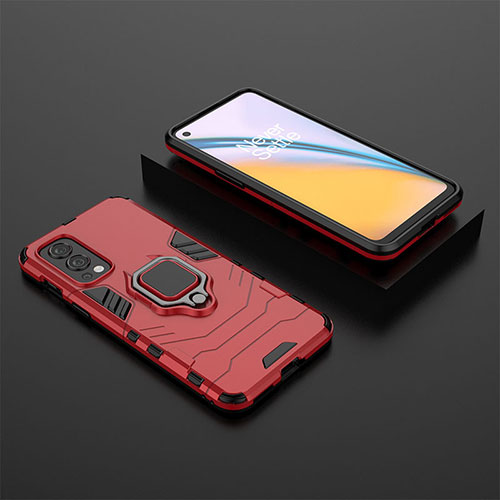 Silicone Matte Finish and Plastic Back Cover Case with Magnetic Finger Ring Stand KC2 for OnePlus Nord 2 5G Red