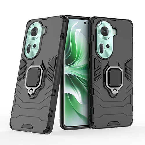 Silicone Matte Finish and Plastic Back Cover Case with Magnetic Finger Ring Stand KC2 for Oppo Reno11 5G Black